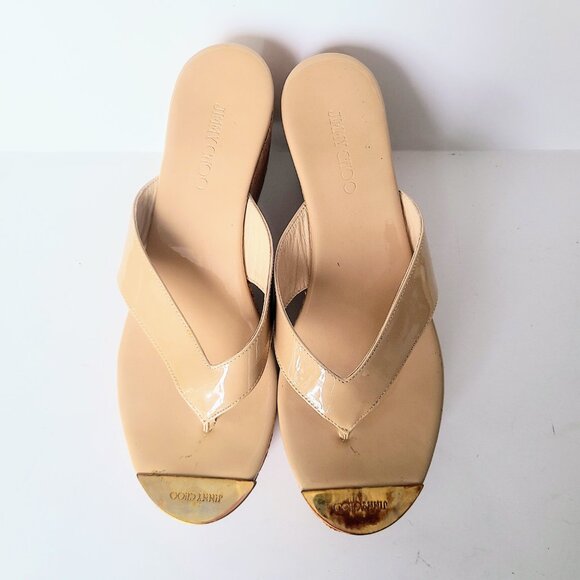 Jimmy Choo Tan Cream Patent Leather Cork Platform Thong Sandals Size EU 38 - Picture 4 of 11
